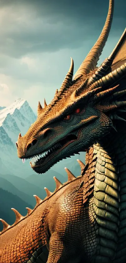 Majestic dragon in front of a stunning mountain landscape for mobile wallpaper.