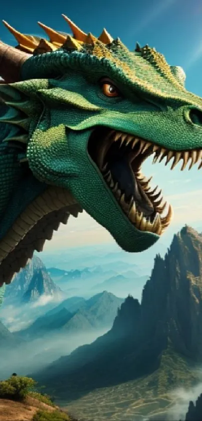 Majestic dragon against a mountain backdrop with vibrant teal hues.