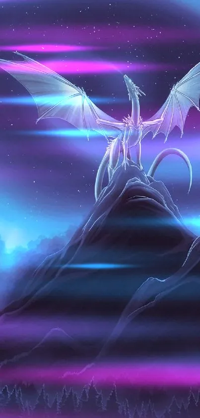 Majestic dragon on mountain under aurora night sky wallpaper.