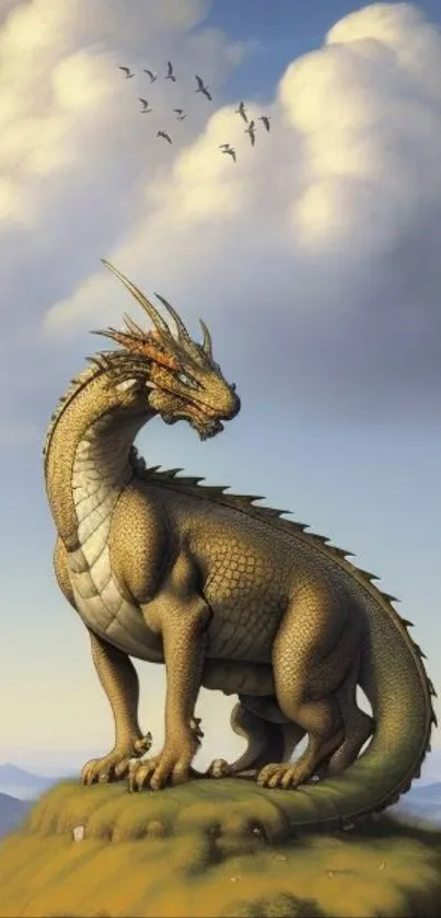 A majestic dragon stands on a grassy hill under a vast blue sky with drifting clouds.