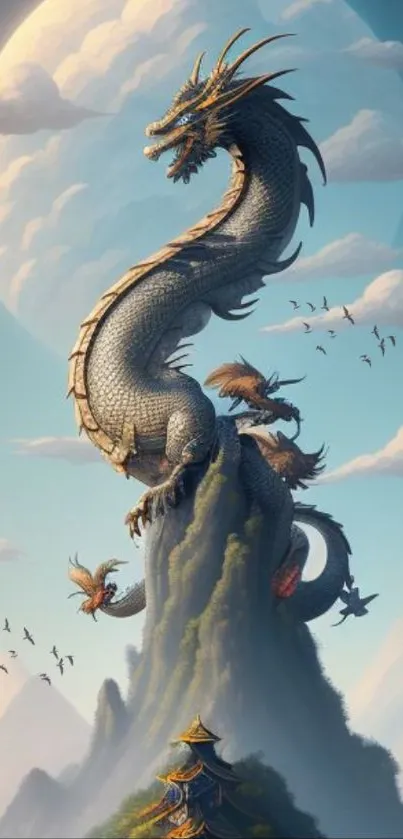 Majestic dragon stands atop a mountain under a bright sky.