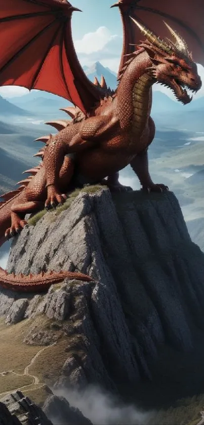 Dragon perched on a mountain peak with scenic landscape view.