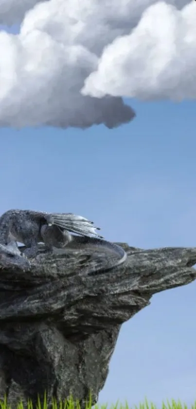 Dragon resting on a rocky cliff under blue sky with clouds.