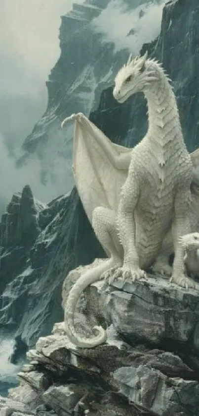 Majestic dragon on snowy cliff with mountains.