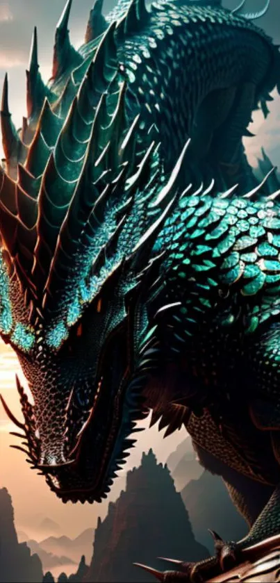 Majestic teal dragon perched on a rugged cliff.