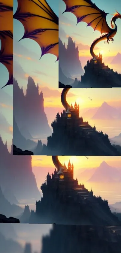 Dragon over castle with sunset sky background in a fantasy scene.