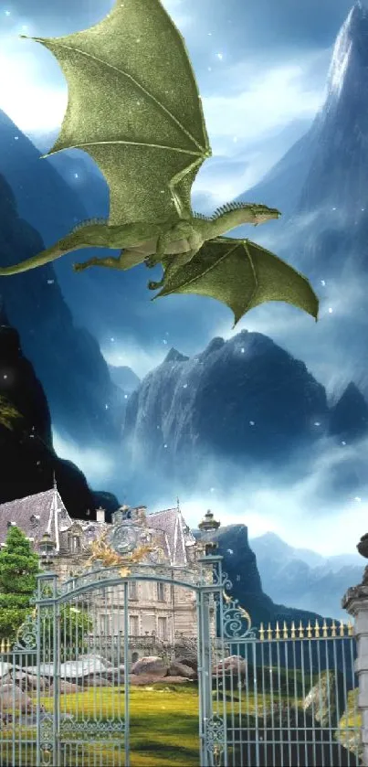 A green dragon soaring over a mystical castle with misty mountains in the background.