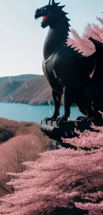 Dragon statue overlooking cherry blossoms and mountains.