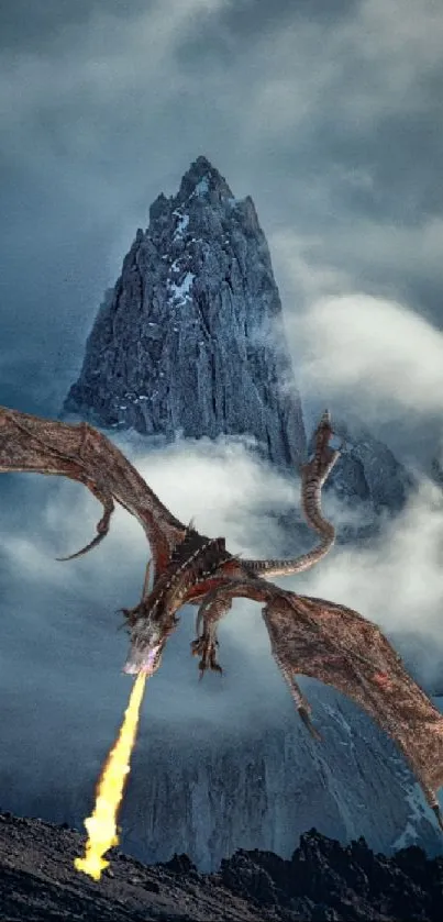 Flying dragon over misty mountains in fantasy wallpaper scene.