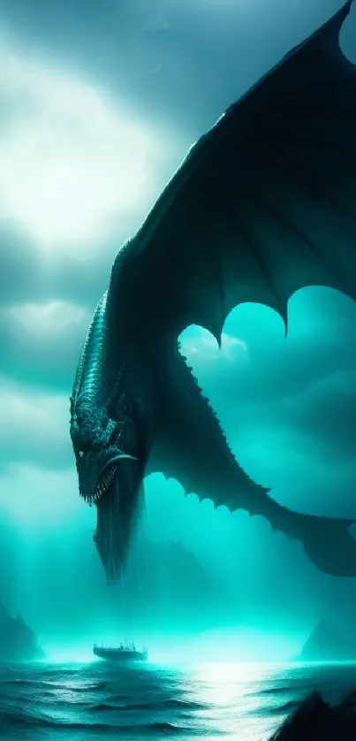 Majestic dragon flying over a mystical teal ocean at dusk.