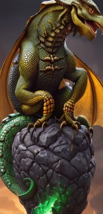 Majestic green dragon perched on a rocky base with orange lighting.