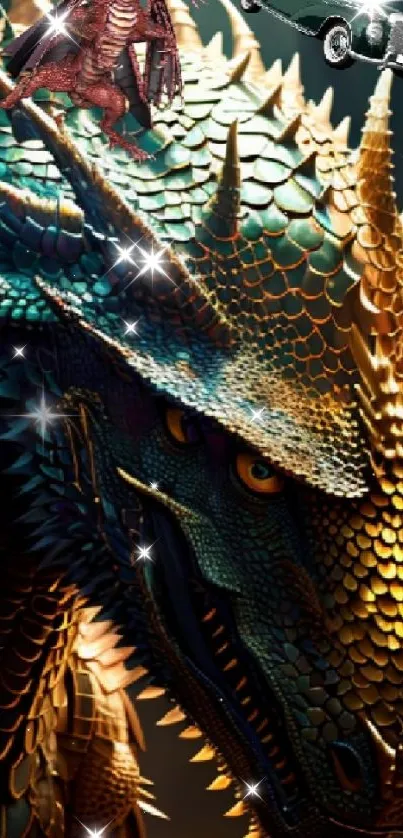 Majestic dragon with vibrant scales and intense gaze in a fiery fantasy setting.
