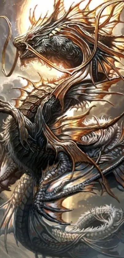 Majestic dragon illustration with golden tones and intricate details.