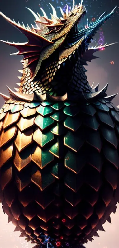 Intricate dragon with shimmering scales on a mobile wallpaper background.