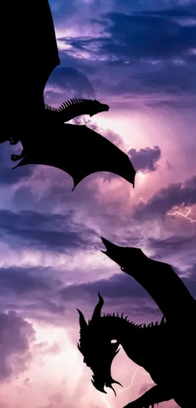 Silhouette of dragons in a stormy purple sky with lightning.