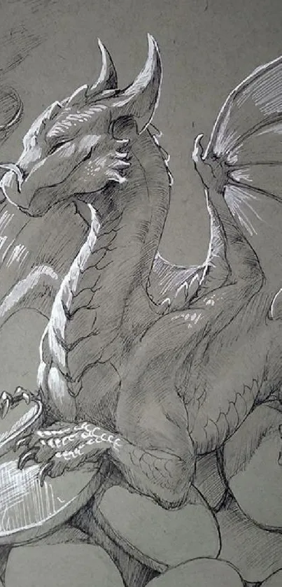 Intricate dragon sketch on gray paper, perfect for phone wallpaper.