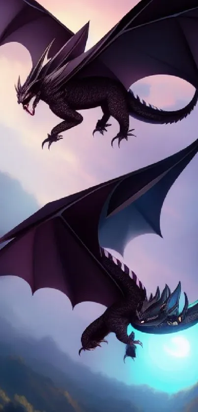 Two majestic dragons soar through a vibrant twilight sky.