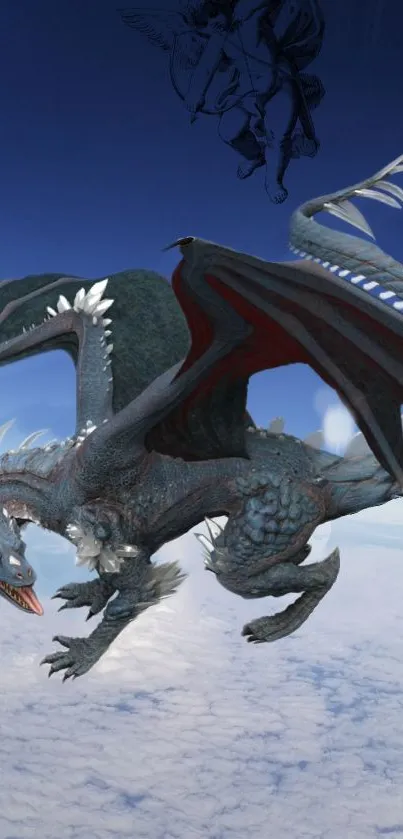 Majestic dragon soaring in blue sky with intricate details.