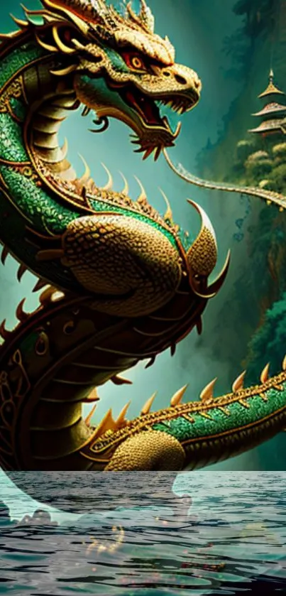 Majestic green dragon with golden scales on a scenic mountain backdrop.