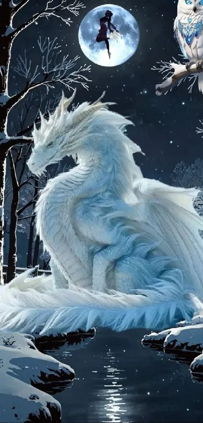 White dragon sitting by a snowy stream under a full moon.