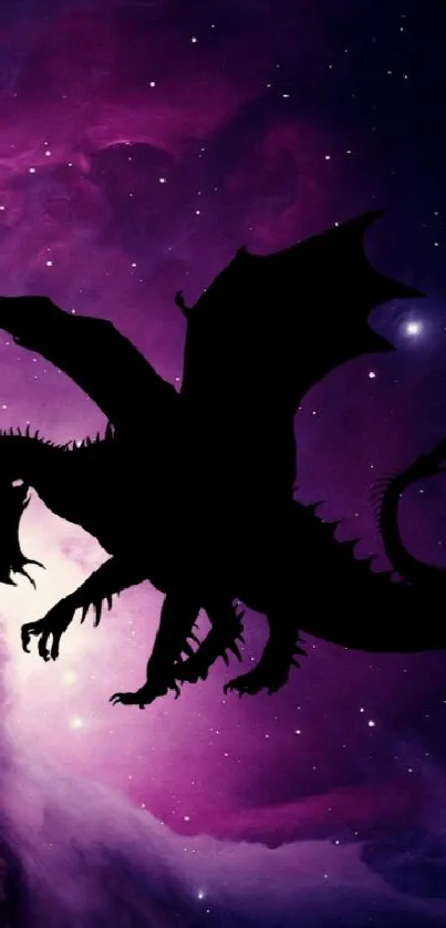 Silhouette of a dragon flying through a purple nebula in space.