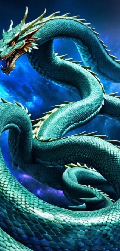 Majestic teal dragon against a cosmic space backdrop.