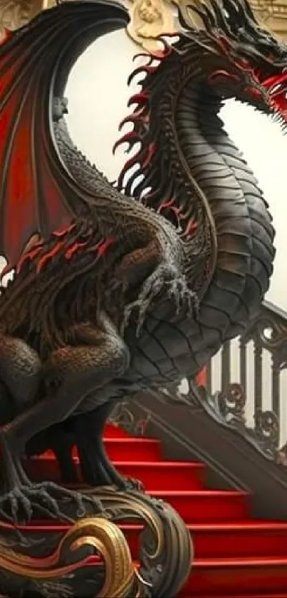 Majestic black dragon on ornate grand staircase with red accents.