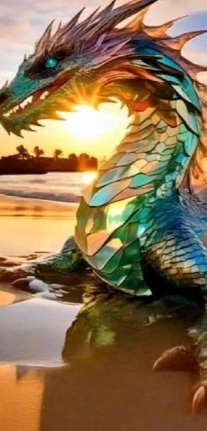 Majestic dragon at sunset with golden reflections on a beach.