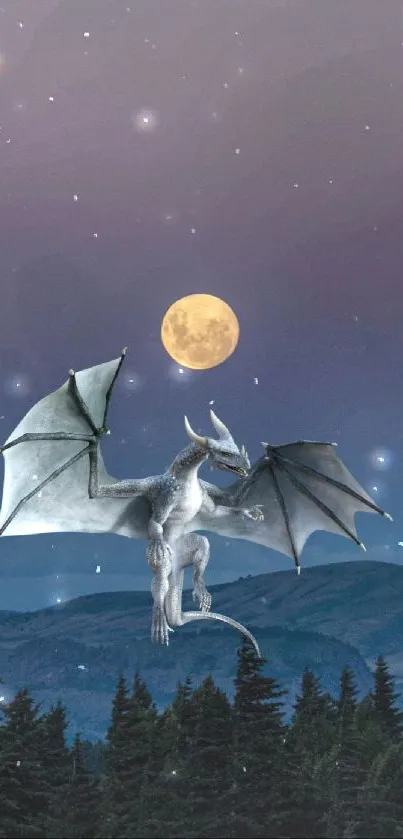 Dragon flying under the bright full moon in a dark forest landscape.