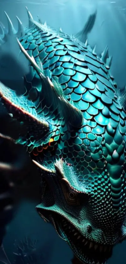 Majestic underwater dragon with blue scales in a fantasy setting.