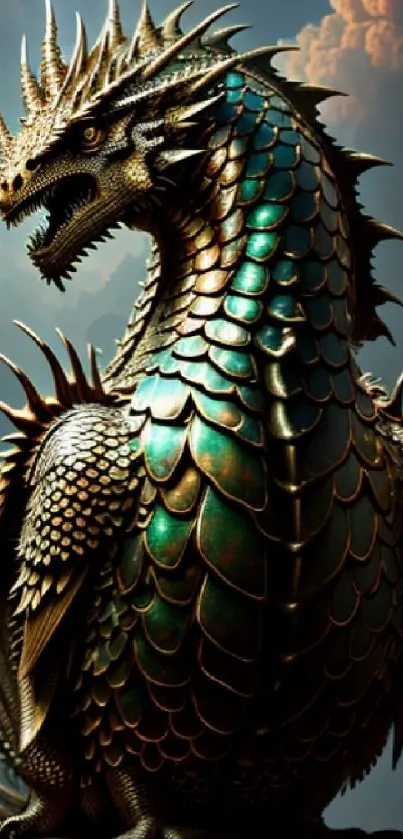 Detailed dragon with green scales in a fantasy setting.