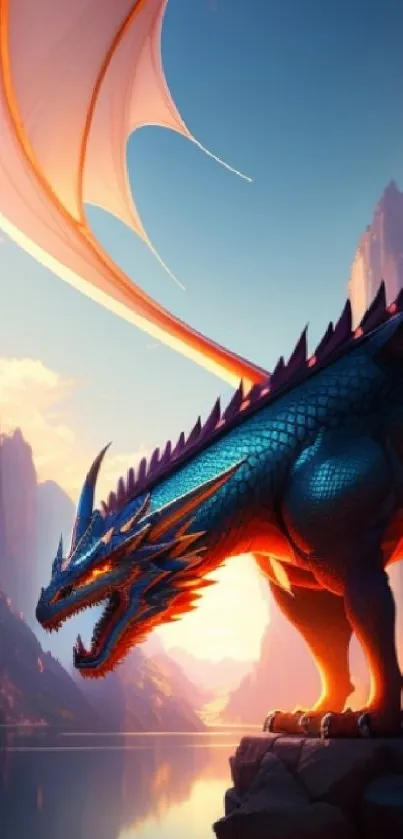 Majestic dragon overlooking a sunset landscape.