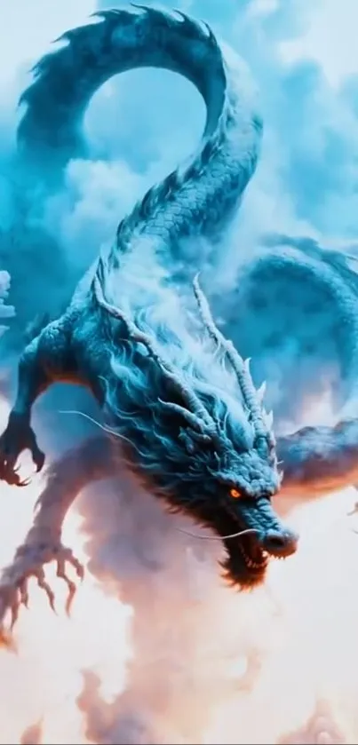 Majestic dragon soaring through clouds in vibrant fantasy art.