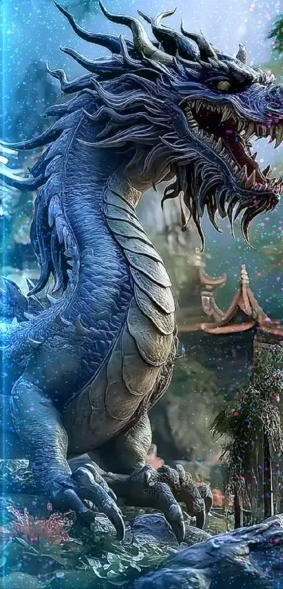 Majestic blue dragon in mountain landscape wallpaper.