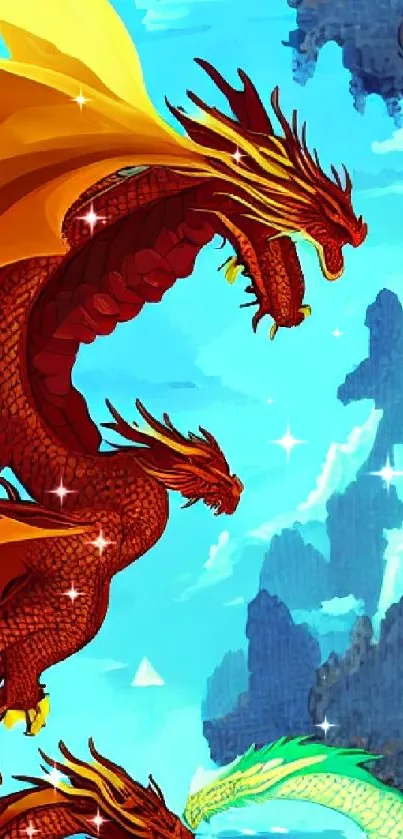 Vibrant red dragons flying in a bright blue sky with mystical clouds.