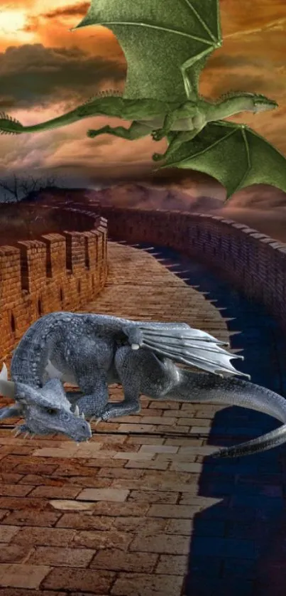 Dragons flying over a castle wall at sunset, creating a fantasy theme.