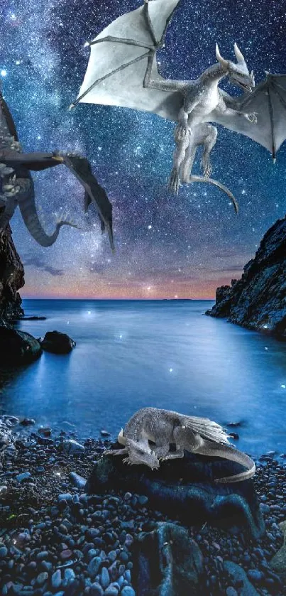 Majestic dragons fly over a starlit sea.