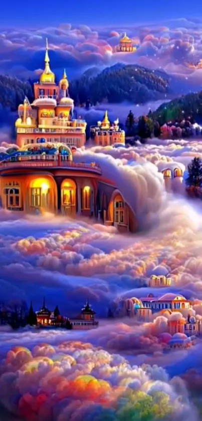 Majestic floating castle above colorful clouds in a fantasy landscape.