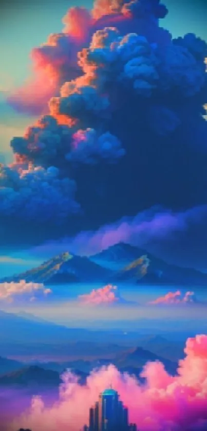 Dreamy landscape with colorful clouds and mountains.