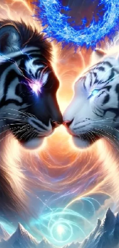Two mystical tigers facing each other in a cosmic landscape wallpaper.
