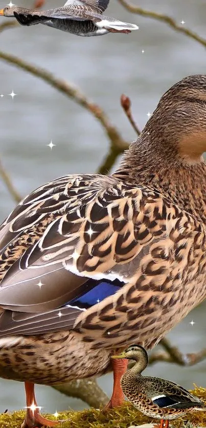 Mobile wallpaper featuring a detailed, majestic duck in a natural setting.