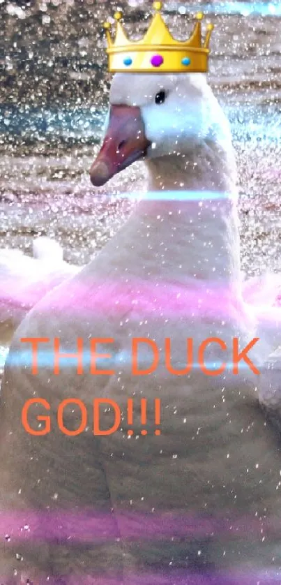 Majestic duck with a crown splashing in water.