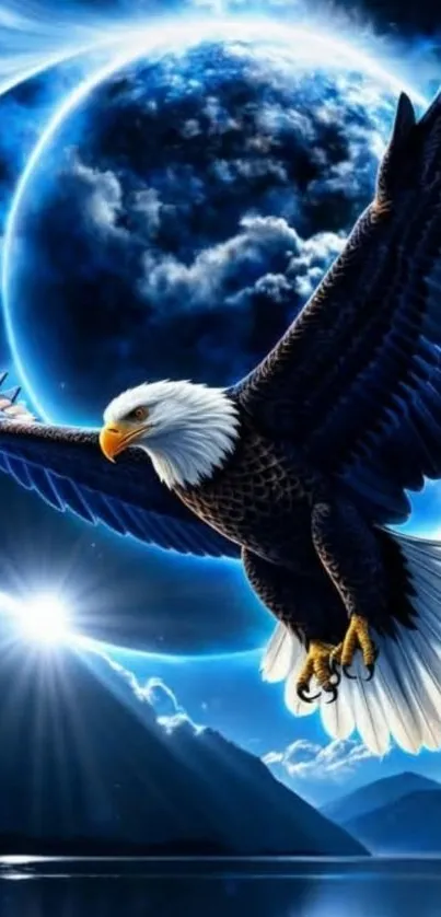 Eagle soaring under a blue moon.