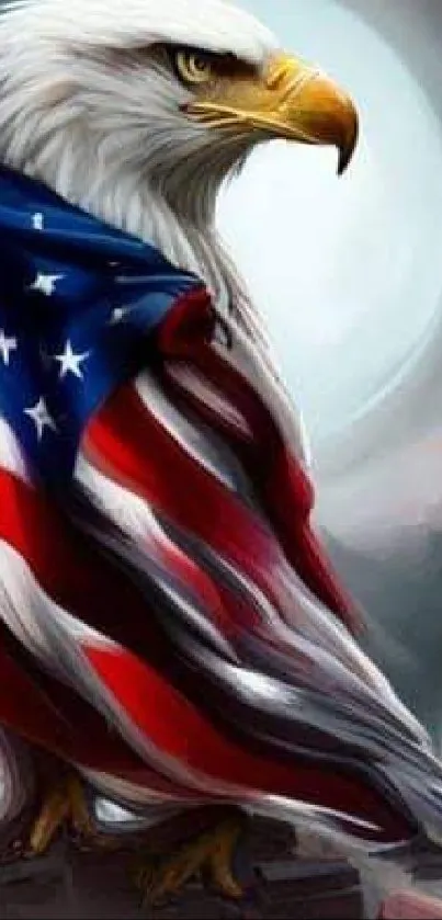 Majestic eagle wrapped in American flag with moonlit backdrop.