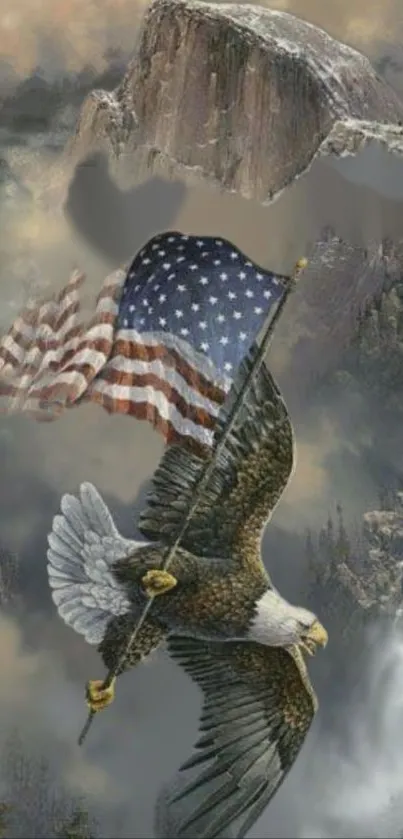 Eagle holding the American flag against a mountain background.