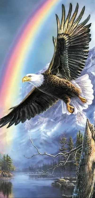 Eagle flying over serene mountain landscape with rainbow and lake.