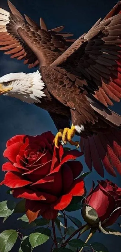 Majestic eagle with red roses on a dark blue background, perfect for mobile wallpaper.