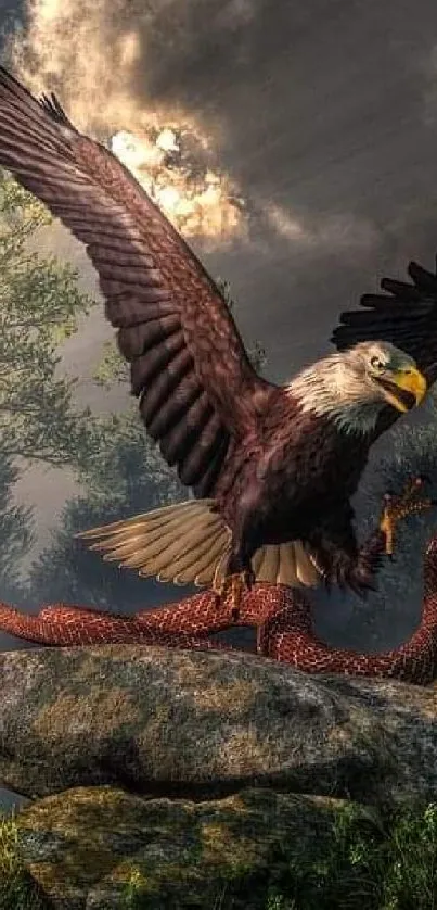 Eagle and serpent in a dramatic forest scene.