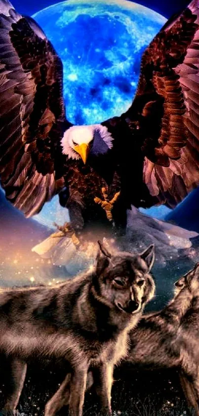 Eagle and wolves under a blue moon.