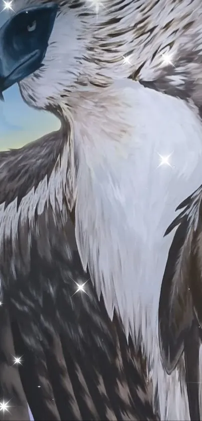 Detailed eagle art wallpaper with feathers and shimmering stars.